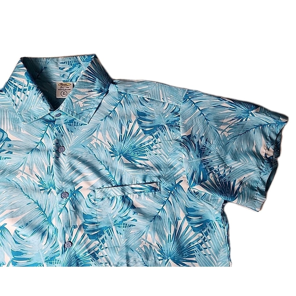 Rima Beachwear Mens Large Hawaiian Aloha Shirt Turquoise Palms Welded Pocket EUC